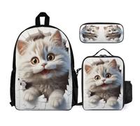 WECECE Zaino Scuola Cute Cat Bambina con Sacchetto Pranzo e Astuccio Matite, Borsa Scolastica 3D Kitten Studenti 6-12 Anni per Scuola Primaria