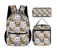 WECECE Zaino Scuola Cute Cat Daisy Elementare Bambina 3 Pezzi con Borsa Termica e Astuccio per Matite, Set Zaini Flower Bambino 6-12 Anni per Uso Quotidiano
