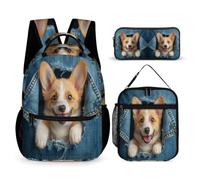 WECECE Zaino Scuola Cute Corgi Puppy Studenti con Borsa Termica e Astuccio, Set Zaini Dog Print Ragazza 6-12 Anni per Elementare e Tempo Libero