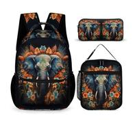 WECECE Zaino Scuola Elephants Studenti con Borsa Termica e Astuccio, Set Zaini African Animal Ragazza 6-12 Anni per Elementare e Tempo Libero