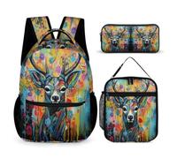 WECECE Zaino Scuola Elk Ragazzi 3 Pezzi con Borsa Termica e Astuccio, Zainetto Animal Deer Ragazza 7-13 Anni per Uso Quotidiano e Viaggio, Tasche Laterali Porta Bottiglia