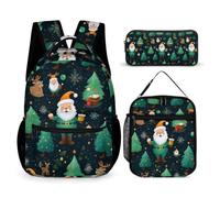 WECECE Zaino Scuola Father Christmas Ragazza Elementare 3 Pezzi con Sacchetto per Pranzo e Astuccio, Set Zaini Christmas Theme Bambini 6-11 Anni