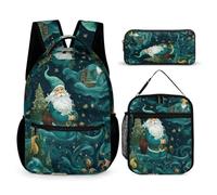 WECECE Zaino Scuola Father Christmas Studenti con Borsa Termica e Astuccio, Set Zaini Christmas Theme Ragazza 6-12 Anni per Scuola e Viaggio