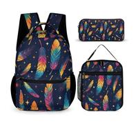 WECECE Zaino Scuola Feather Print Bambina con Portapranzo e Astuccio, Set di Zaino Colourful Studenti 8-15 Anni per Scuola Media, Capiente per Libri Quaderni e Accessori Scolastici