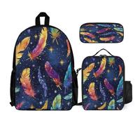 WECECE Zaino Scuola Feather Print Bambina con Sacchetto Pranzo e Astuccio Matite, Borsa Scolastica Colourful Studenti 6-12 Anni per Scuola Primaria