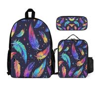 WECECE Zaino Scuola Feather Print Bambini 3 Pezzi con Sacchetto Pranzo e Astuccio, Set Zaini Colourful Ragazza 6-13 Anni per Lezioni