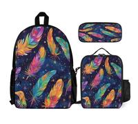 WECECE Zaino Scuola Feather Print Ragazza Elementare con Sacchetto per Pranzo e Astuccio, Borsa Scolastica Colourful Bambini 6-11 Anni