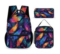 WECECE Zaino Scuola Feather Print Ragazzi con Borsa Termica e Astuccio, Set Zaini Colourful Bambini 8-15 Anni per Elementare Media, Capiente per Libri Quaderni e Accessori Scolastici
