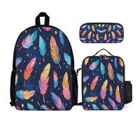 WECECE Zaino Scuola Feather Print Studenti con Portapranzo e Astuccio, Set Zaini Colourful Ragazzo Classe 3-5 per Attività Scolastiche