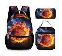 WECECE Zaino Scuola Flame Basketball Ragazzi 3 Pezzi con Borsa Termica e Astuccio, Zainetto Basketball Ragazza 7-13 Anni per Uso Quotidiano e Viaggio, Tasche Laterali Porta Bottiglia