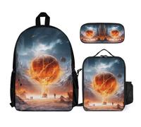 WECECE Zaino Scuola Flames Basketball Bambini 3 Pezzi con Sacchetto Pranzo e Astuccio, Set Zaini Basketball Ragazza 6-13 Anni per Lezioni