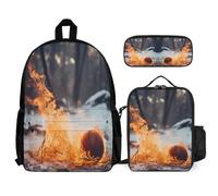 WECECE Zaino Scuola Flames Basketball Ragazzo Elementare con Borsa Termica e Astuccio, Set Zaini Basketball Ragazze 8-15 Anni per Scuola Media e Viaggio