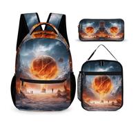 WECECE Zaino Scuola Flames Basketball Studenti 6-12 Anni con Sacchetto per Pranzo e Astuccio, Set Zaini Basketball Ragazza per Elementare e Attività