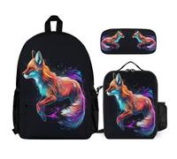 WECECE Zaino Scuola Fox Design Bambina con Sacchetto Pranzo e Astuccio Matite, Borsa Scolastica Animal Motif Studenti 6-12 Anni per Scuola Primaria