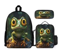 WECECE Zaino Scuola Frog Bambina per Classe 1-3 con Borsa Termica e Astuccio, Set Zaini Ugly Ragazzo per Scuola Primaria 6-10 Anni