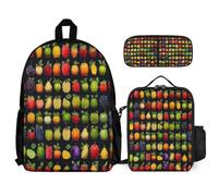 WECECE Zaino Scuola Fruit Bambini Classe 2-5 con Borsa Termica e Astuccio, Set di Zaino Fruit Theme Ragazza per Primaria 8-13 Anni, Capiente per Libri Quaderni e Accessori