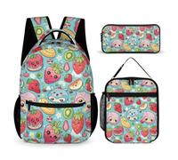 WECECE Zaino Scuola Fruits Theme Ragazzi con Borsa Termica e Astuccio Matite, Zainetto Fruit Print Studenti Classe 2-5 per Attività Scolastiche