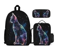 WECECE Zaino Scuola Galaxy Cat Bambini Classe 2-5 con Borsa Termica e Astuccio, Set di Zaino Kitten Ragazza per Primaria 8-13 Anni, Capiente per Libri Quaderni e Accessori