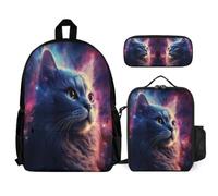 WECECE Zaino Scuola Galaxy Cat Ragazzi con Borsa Termica e Astuccio, Set Zaini Kitten Bambini 8-15 Anni per Elementare Media, Capiente per Libri Quaderni e Accessori Scolastici