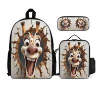 WECECE Zaino Scuola Giraffe Ragazza Elementare con Sacchetto per Pranzo e Astuccio, Set Zaini 3D Animal Cracker Bambini 6-11 Anni, Capiente e Resistente