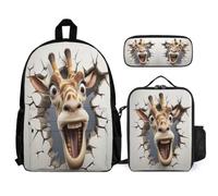 WECECE Zaino Scuola Giraffe Studenti con Borsa Termica e Astuccio, Borsa Scuola 3D Animal Cracker Bambina 6-12 Anni per Tempo Libero, Capiente per Libri Quaderni e Accessori Scolastici