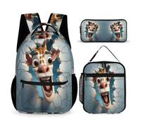 WECECE Zaino Scuola Giraffe Studenti con Borsa Termica e Astuccio, Set Zaini 3D Animal Cracker Ragazza 6-12 Anni per Scuola e Viaggio