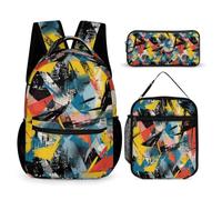 WECECE Zaino Scuola Graffiti Ragazza con Borsa Termica e Astuccio, Borsa Scuola Memphis Style Bambino 7-12 Anni per Viaggio e Lezioni