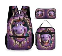 WECECE Zaino Scuola Hippo Bambini con Sacchetto Pranzo e Astuccio, Set Zaini 3D Animal Ragazza per Primaria 6-13 Anni, Leggero per Uso Giornaliero