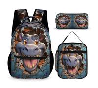 WECECE Zaino Scuola Hippo Motif Ragazzi 3 Pezzi con Borsa Termica e Astuccio, Zainetto 3D Animal Ragazza 7-13 Anni per Uso Quotidiano e Viaggio, Tasche Laterali Porta Bottiglia