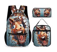 WECECE Zaino Scuola Horse Studenti con Borsa Termica e Astuccio, Borsa Scuola Animal 3D Bambina 6-12 Anni per Tempo Libero, Capiente per Libri Quaderni e Accessori Scolastici