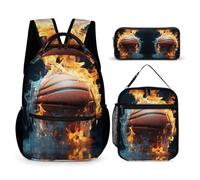 WECECE Zaino Scuola Ice and Fire Basketball Ragazza Elementare con Sacchetto per Pranzo e Astuccio, Set Zaini Basketball Bambini 6-11 Anni, Leggero e Resistente