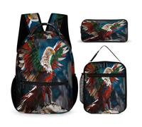 WECECE Zaino Scuola Italian Mountain Eagle Ragazzi 3 Pezzi con Borsa Termica e Astuccio, Zainetto Bird Theme Ragazza 7-13 Anni per Uso Quotidiano e Viaggio, Tasche Laterali Porta Bottiglia