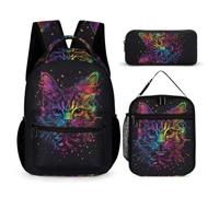 WECECE Zaino Scuola Kitten Bambina 3 Pezzi con Borsa Termica e Astuccio, Set Zaini Animal Cat Ragazzo per Primaria 6-10 Anni, Uso Quotidiano