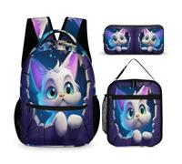 WECECE Zaino Scuola Kitten Ragazza Elementare 3 Pezzi con Sacchetto per Pranzo e Astuccio, Set Zaini Cat Bambini 6-11 Anni