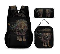 WECECE Zaino Scuola Lion Bambina 3 Pezzi con Borsa Termica e Astuccio, Set Zaini Animal King Ragazzo per Primaria 6-10 Anni, Uso Quotidiano