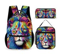 WECECE Zaino Scuola Lion Elementare Bambina 3 Pezzi con Borsa Termica e Astuccio per Matite, Set Zaini Lions Animal King Bambino 6-12 Anni per Uso Quotidiano