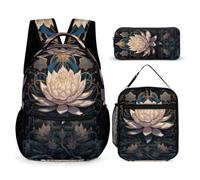 WECECE Zaino Scuola Lotus Bambino con Sacchetto per Pranzo e Astuccio, Set Zaini Flower Bambina Classe 1-3 per Primaria e Regalo Back to School