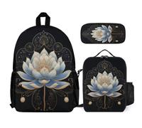WECECE Zaino Scuola Lotus Ragazza Elementare con Sacchetto per Pranzo e Astuccio, Borsa Scolastica Flower Bambini 6-11 Anni