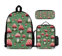 WECECE Zaino Scuola Mushroom Ragazzi con Borsa Termica e Astuccio, Set Zaini Plant Theme Bambini 8-15 Anni per Elementare Media, Capiente per Libri Quaderni e Accessori Scolastici