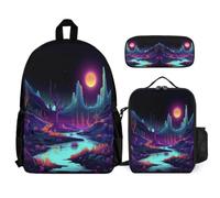 WECECE Zaino Scuola Neon Theme Ragazzi 3 Pezzi con Borsa Termica e Astuccio, Zainetto Landscape Ragazza 7-13 Anni per Uso Quotidiano e Viaggio