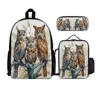 WECECE Zaino Scuola Owl Bambini 3 Pezzi con Sacchetto Pranzo e Astuccio, Set Zaini Bird Theme Ragazza 6-13 Anni per Lezioni