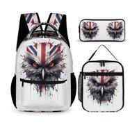 WECECE Zaino Scuola Owl Elementare Bambina 3 Pezzi con Borsa Termica e Astuccio per Matite, Set Zaini National Flag Theme Bambino 6-12 Anni per Uso Quotidiano