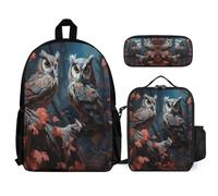 WECECE Zaino Scuola Owl Studenti con Portapranzo e Astuccio, Set Zaini Bird Theme Ragazzo Classe 3-5 per Attività Scolastiche