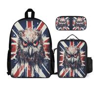 WECECE Zaino Scuola Owl Studenti con Sacchetto Pranzo e Astuccio, Borsa Scuola National Flag Theme Bambino 8-13 Anni per Lezioni, Escursioni e Viaggio, Spallacci Regolabili