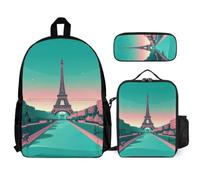 WECECE Zaino Scuola Paris Tower Bambina con Sacchetto Pranzo e Astuccio Matite, Borsa Scolastica Studenti 6-12 Anni per Scuola Primaria