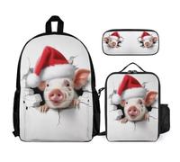 WECECE Zaino Scuola Pig Christmas Theme Bambino con Portapranzo e Astuccio, Borsa Scolastica Animal Piglet 3D Ragazza 7-12 Anni per Lezioni e Tempo Libero