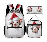 WECECE Zaino Scuola Pig Christmas Theme Ragazza con Borsa Termica e Astuccio, Borsa Scuola Animal Piglet 3D Bambino 7-12 Anni per Viaggio e Lezioni