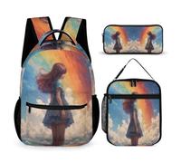 WECECE Zaino Scuola Rainbow Girl Bambina 3 Pezzi con Borsa Termica e Astuccio, Set Zaini Colourful Ragazzo per Primaria 6-10 Anni, Uso Quotidiano