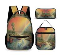 WECECE Zaino Scuola Rainbow Ragazze con Borsa Termica e Astuccio, Zainetto Colourful Landscape Studenti 6-12 Anni per Primaria e Forniture Scolastiche, Tasche Laterali Porta Bottiglia