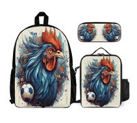 WECECE Zaino Scuola Rooster Studenti con Borsa Termica e Astuccio, Borsa Scuola French Gallic Chicken Bambina 6-12 Anni per Tempo Libero, Capiente per Libri Quaderni e Accessori Scolastici